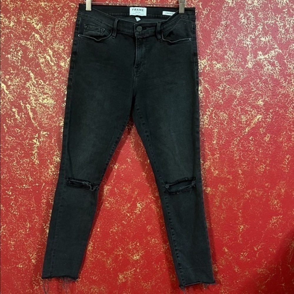 FRAME DENIM Le Skinny De Jeanne Black Ripped Knees Fray Hem Jeans Denim 31 - Picture 2 of 10